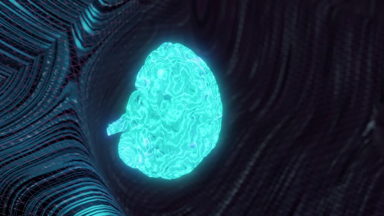 Vertical motion graphics of spinning blue human brain, dark background