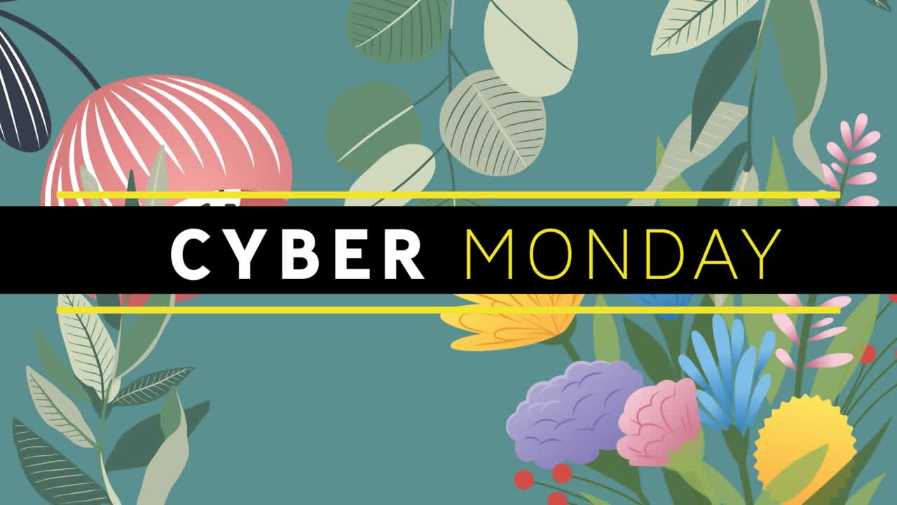 Digital animation of cyber monday text banner against floral designs on green background