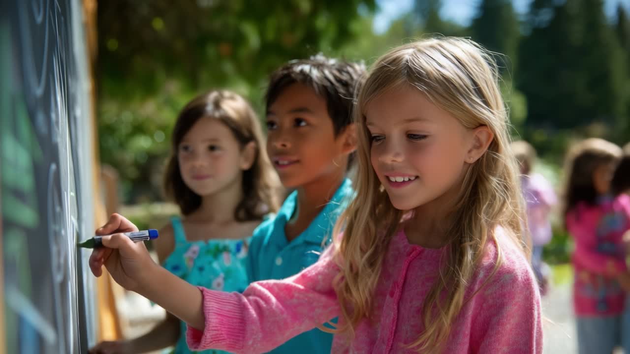 Children Writing on Chalkboard Outdoors