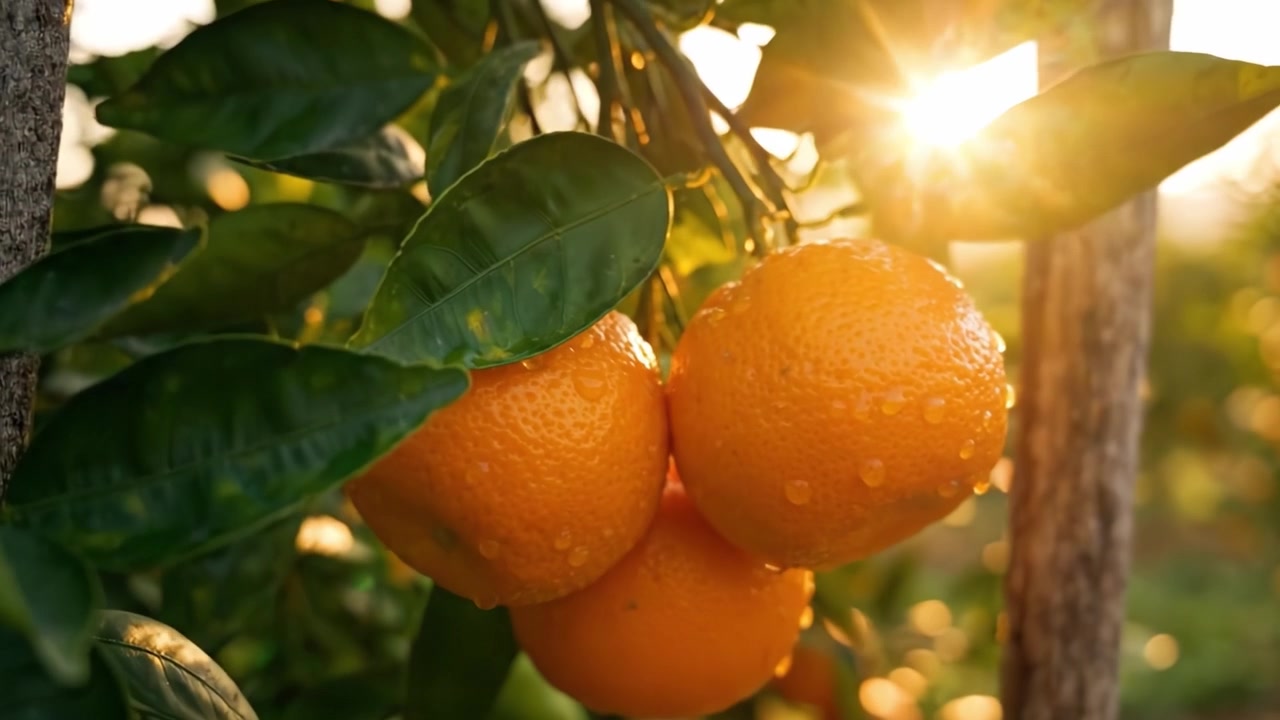 Agrumeto Vibrante al Tramonto: Una Vista Ravvicinata di Rigogliosi Alberi d'Arancio Che Brillano nell'Ora d'Oro, Evidenziando Frutti Succosi e Foglie Fresche in un Ambiente di Frutteto Naturale