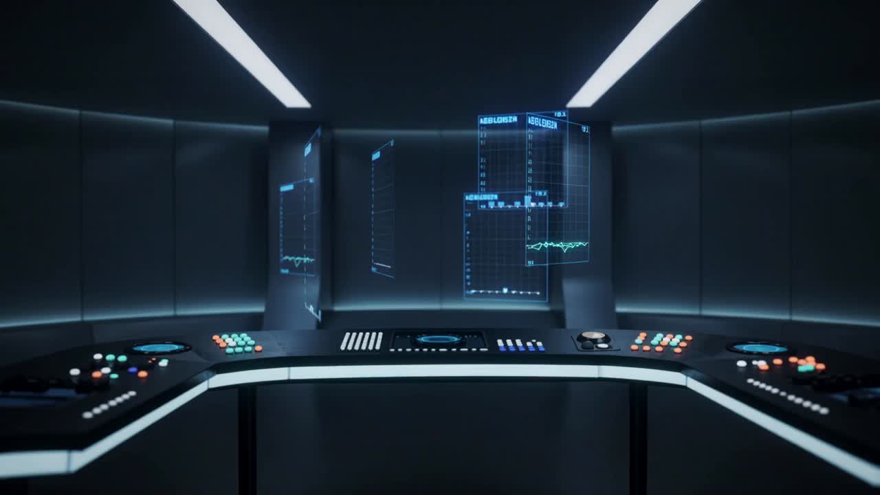 Moving camera while central console and hologram panels animating in command room for monitoring