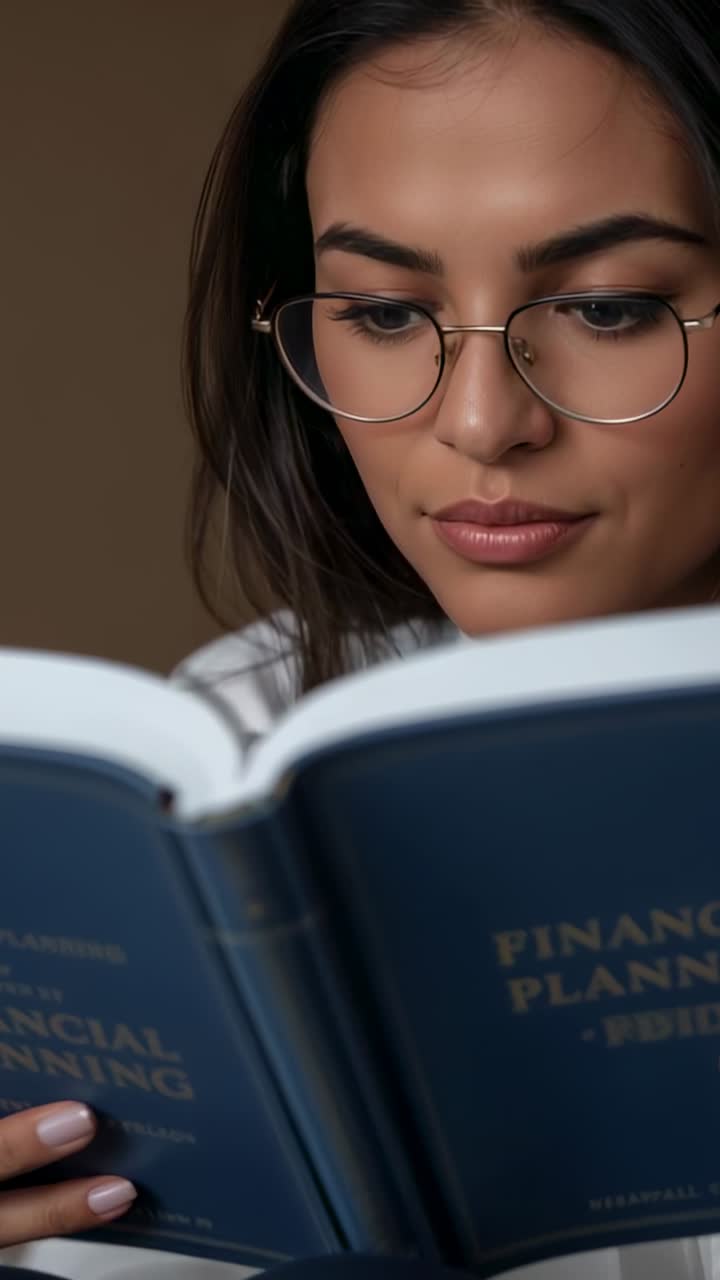 Video verticale: donna con gli occhiali che legge un libro a casa mentre studia Pianificazione Finanziaria per lavoro