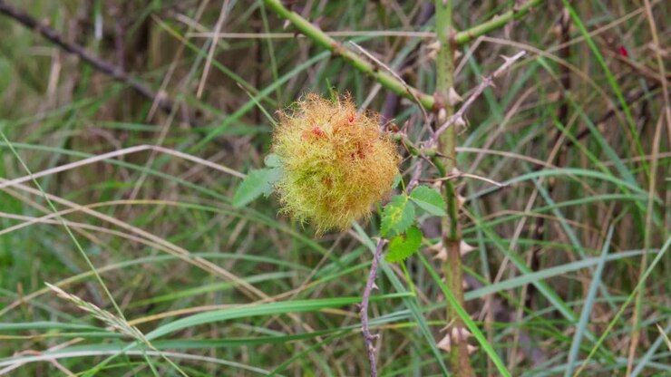 Cinorrodi maturi aperti di rosa canina su un cespuglio selvatico sulla costa dell'Inghilterra.
