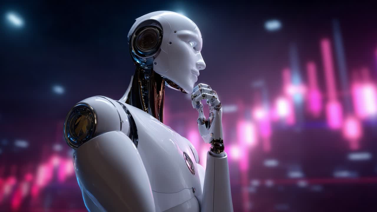 A Thoughtful Robotic Figure Contemplating Its Surroundings Amidst a Futuristic Background of Lights and Colors, Reflecting Advanced Technology and Human-like Features in a Stunning Visual Display