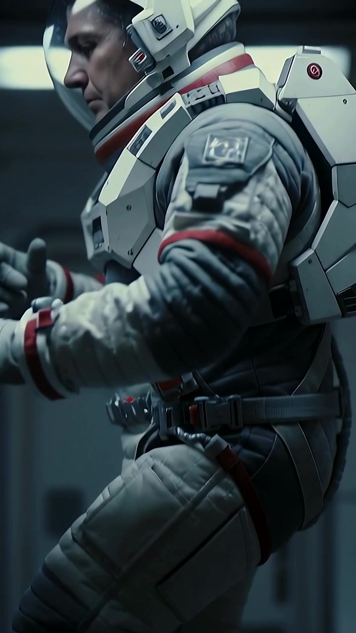 Vídeo vertical: Movimento de afastamento mostrando astronauta de capacete usando controles para se apoiar no corredor da nave, mochila