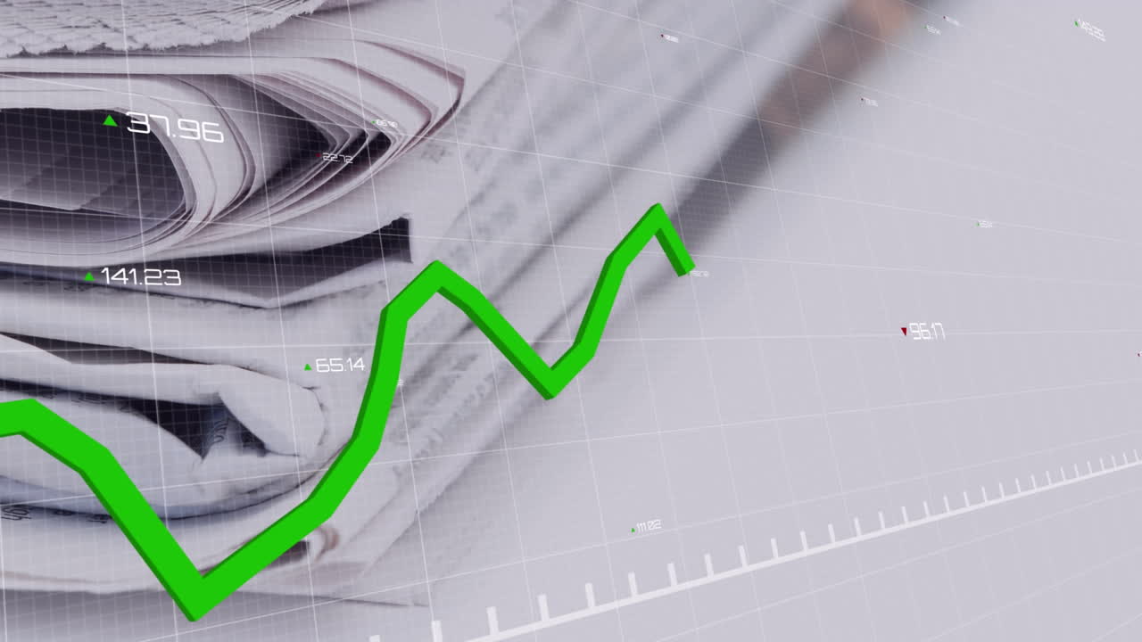 Animation of graph with changing numbers over grid pattern against newspapers on desk