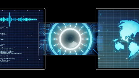 Animation of data processing with scope scanning on black background