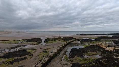 sweeping view of beach and rocky shore