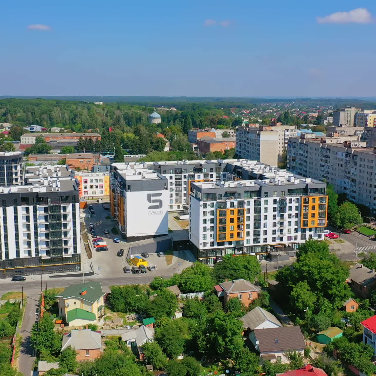 Newly built district. Modern high-rise buildings. Urban landscape. Copter video. Panoramic video.