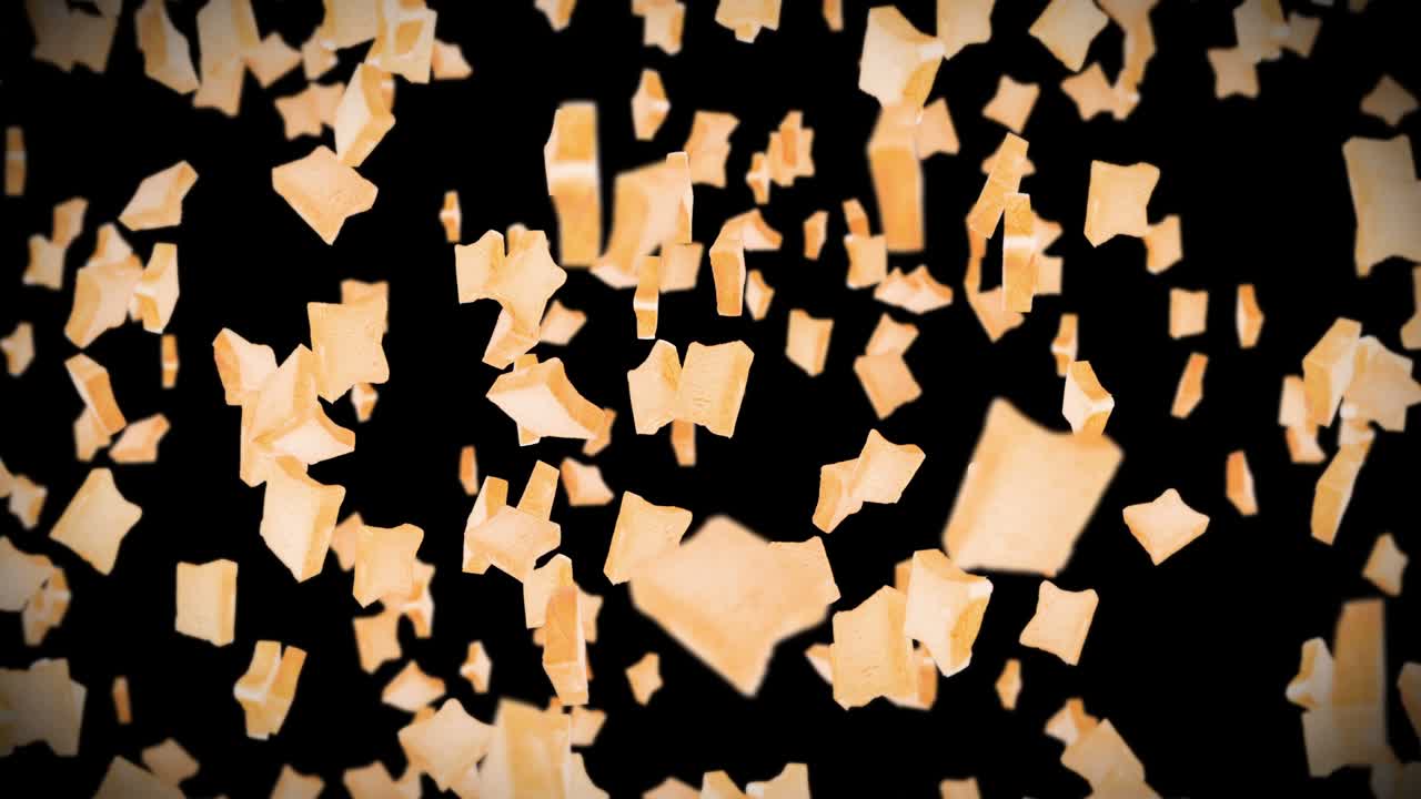 검은색 바탕에 많은 평평한  조각을 날아. 식품, 음식 및 먹는 개념. 밀 조각의 3d 애니메이션 회전. 루프 애니메이션.