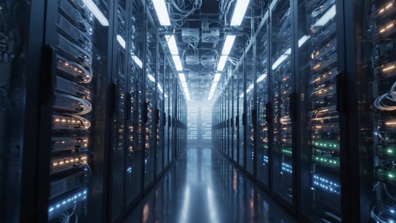 Illuminated Data Center Corridor with Servers: A Glimpse into the High-Tech World of Networking and Data Storage, Showcasing Advanced Server Racks and Cable Management