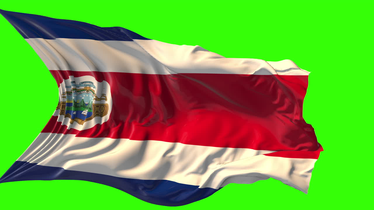 Waving Costa Rica Flag with National Coat of Arms on Green Screen