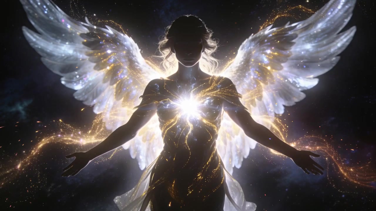 Charging winged being, chest light rising and pulsing, sending gold threads through stars with robe