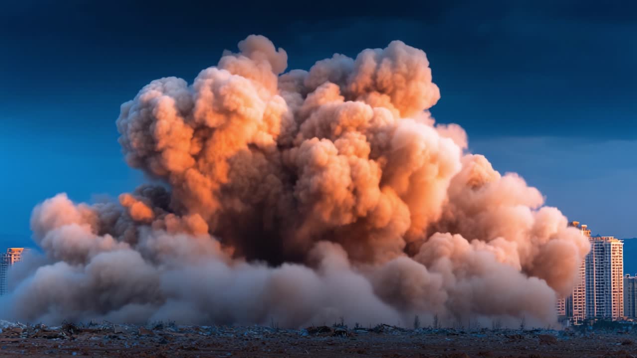 Eine massive Explosion entfesselt eine Welle aus Staub und Trümmern vor einer Stadtsilhouette, beleuchtet von lebhaften Orange- und Blautönen am späten Nachmittag