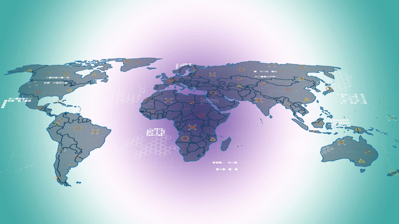 animación del procesamiento de datos sobre el mapa del mundo contra un fondo de gradiente púrpura