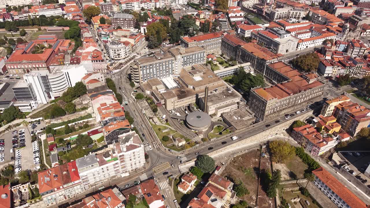 Aerial View of Santo Antonio Hospital Buildings in Porto, Portugal, Drone Shot