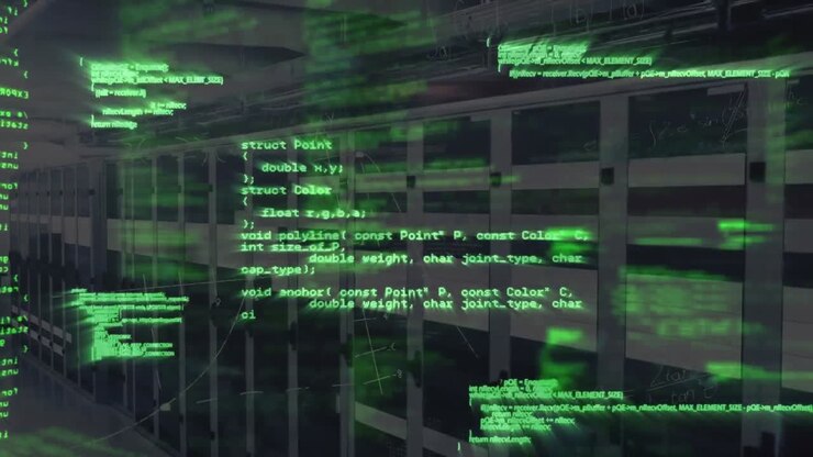Animasi bahasa komputer, kotak di atas persamaan matematika dan diagram dengan latar belakang ruang server.