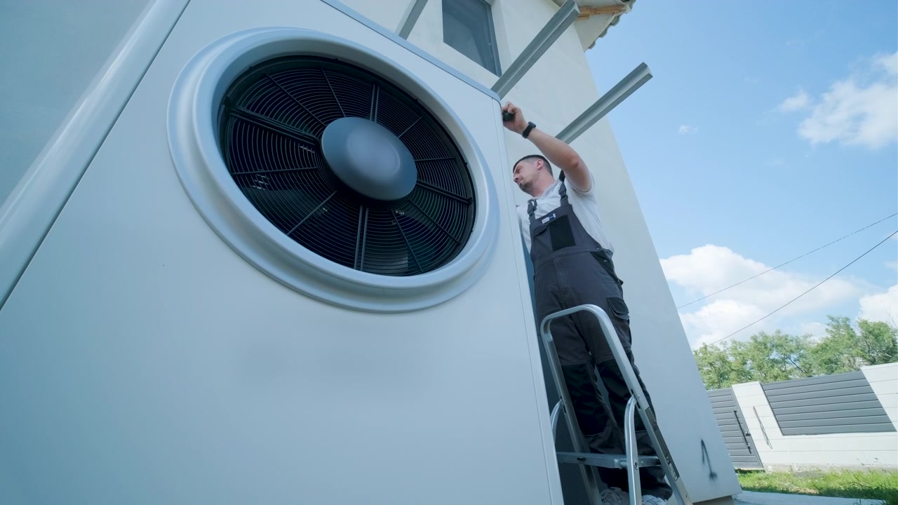 Technician Installing Heat Pump Unit on Residential House Exterior