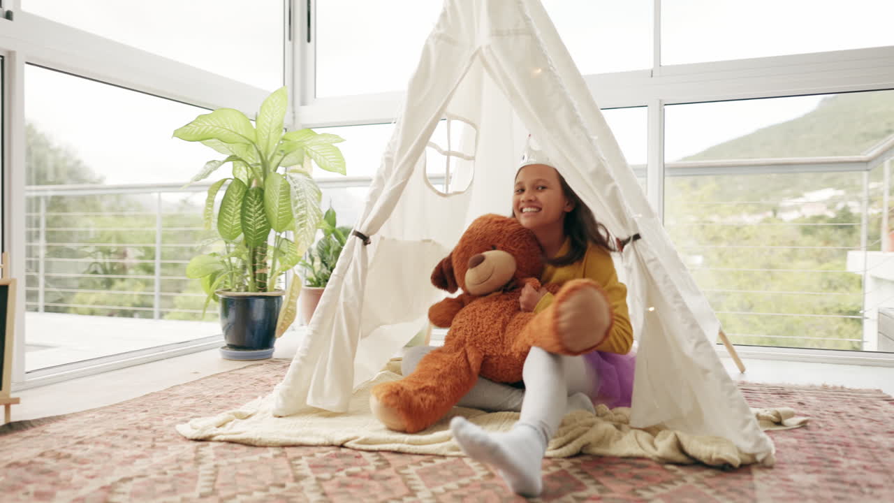 Happy, face and a child with a tent