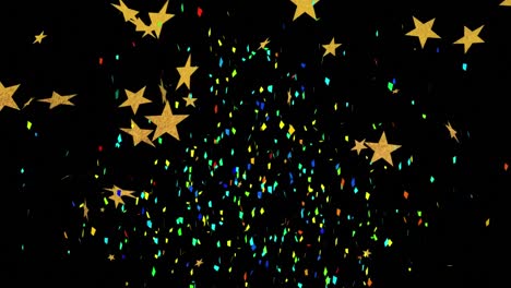 Animation-of-confetti-falling-and-stars-on-black-background