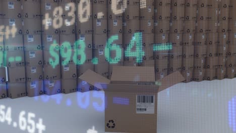 animación del procesamiento de datos financieros sobre cajas de cartón apiladas
