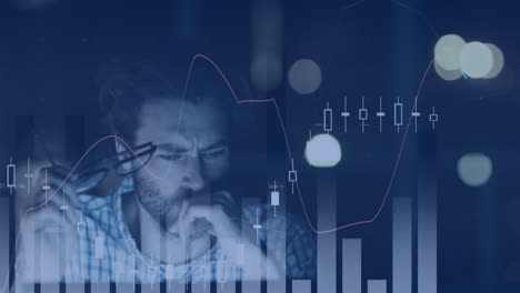 Animation-Mehrerer-Diagramme,-Die-Sich-über-Einen-Gestressten-Kaukasischen-Geschäftsmann-Bewegen,-Der-Spät-Im-Büro-Arbeitet