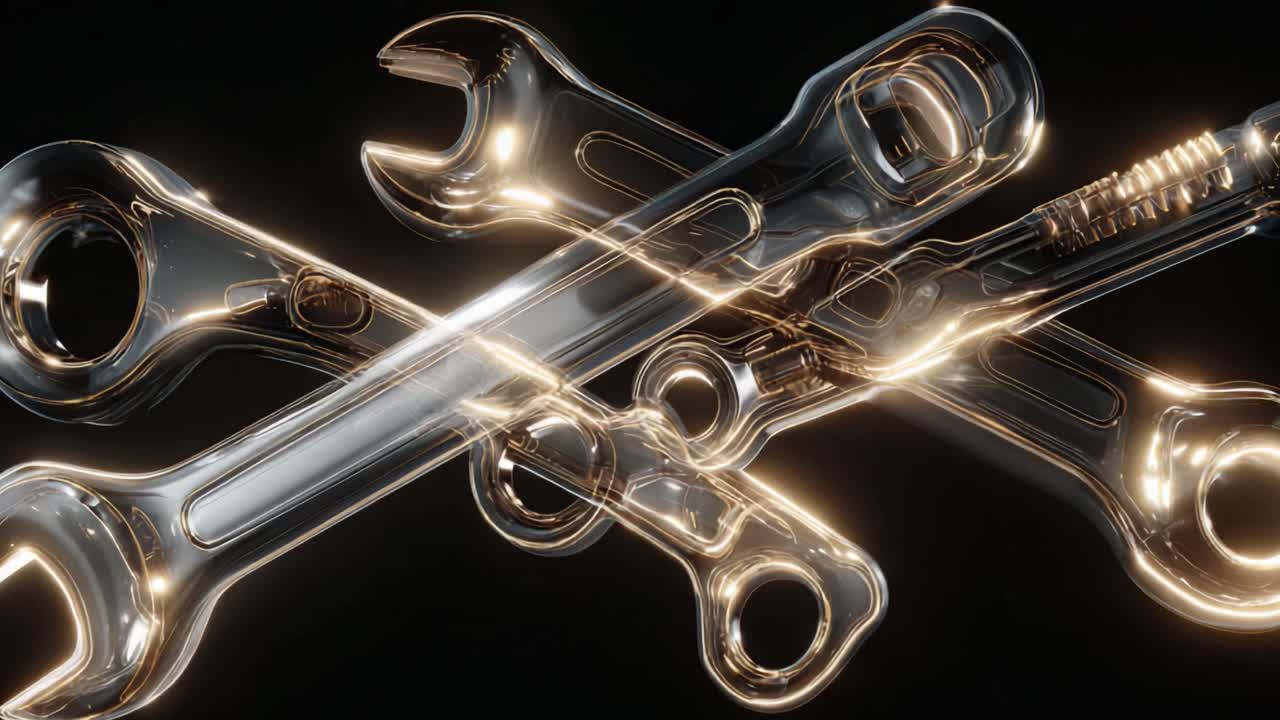 Transparent glass wrenches rotate against a dark background, their glowing internal mechanisms and warm highlights revealing futuristic engineering, precision, and innovation