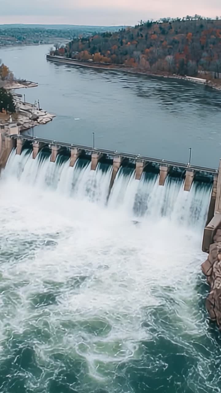 Aerial View of a Majestic Hydroelectric Dam: Witness the Powerful Flow of Water and Scenic River Landscape Surrounded by Autumn Colors