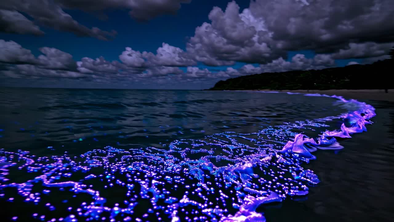 Low-angle video capture of bioluminescent waves on a beach at night, showcasing glowing blue water