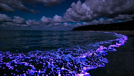 low-angle video capture of bioluminescent waves on a beach at night, showcasing glowing blue water