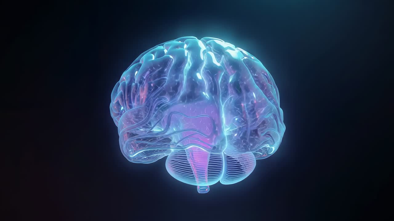 On load rotating translucent 3D brain model revealing neural signals in digital space