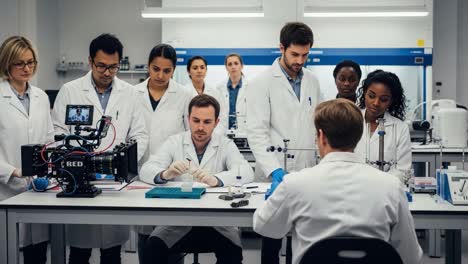 a diverse group of scientists or students conducting an experiment and recording in a laboratory setting