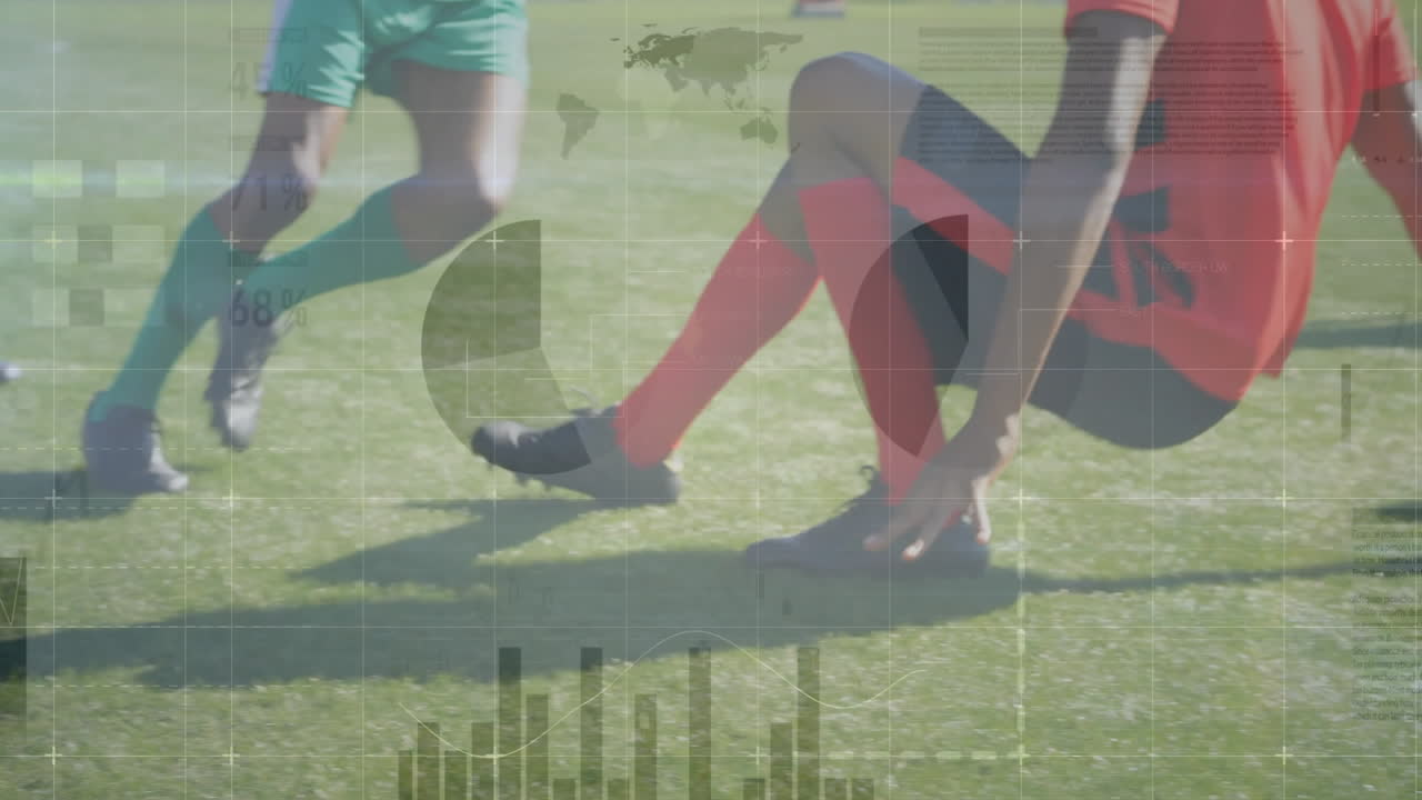 Animation of data processing over diverse soccer players playing at stadium