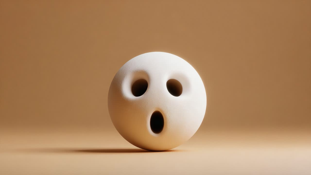 A Unique Artistic Exploration of Emotions Through Sculptural Forms: A White Ceramic Ball with Distinctive Facial Features Captures the Essence of Surprise and Curiosity