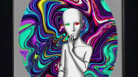 abstract alien figure with vibrant swirling background