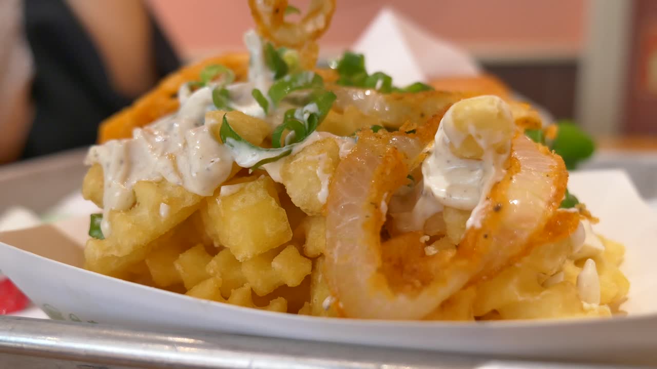 Fries and Onion Rings with Green Onions and Sauce