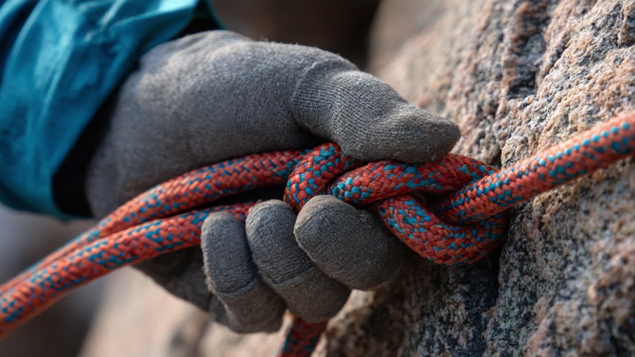 A climber skillfully handles a securely tied knot on a vibrant climbing rope, demonstrating expert technique and safety in challenging rock wall environments while preparing for the next ascent