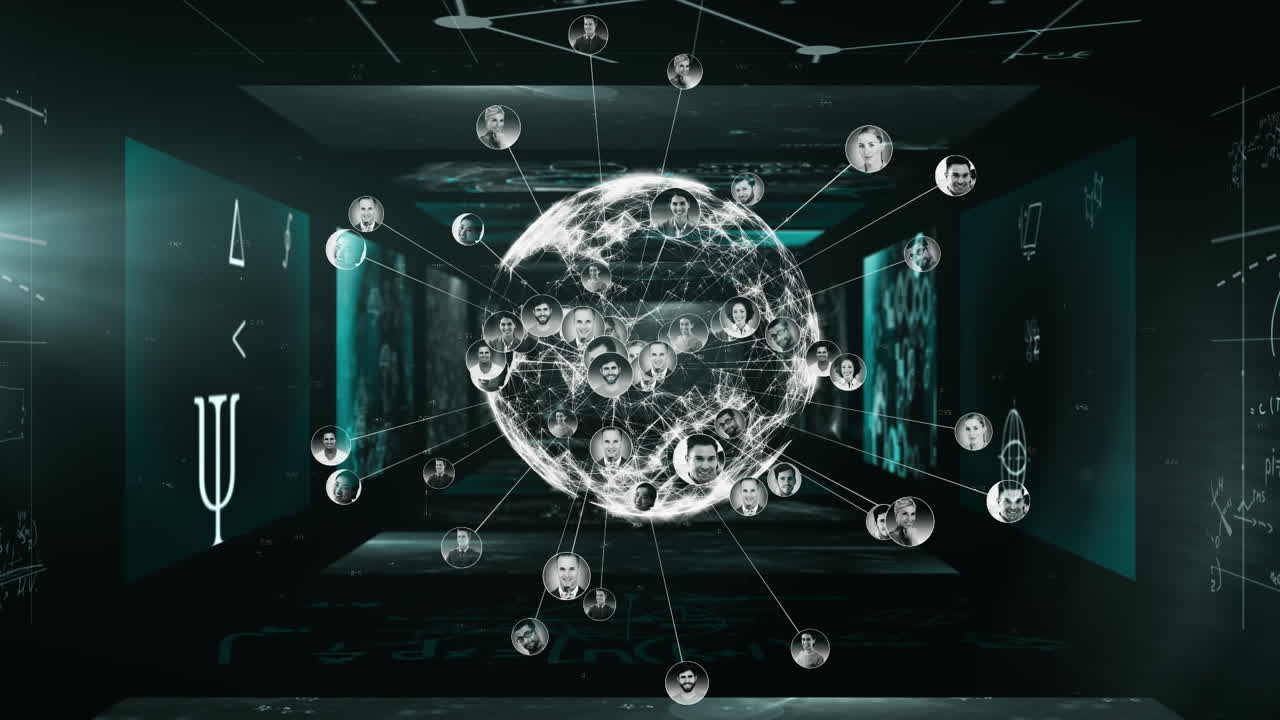 벽에 수학적 기호로 연결된 가지가 있는 회전하는 구의 애니메이션