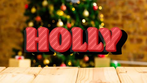 animation of christmas holly text over christmas tree