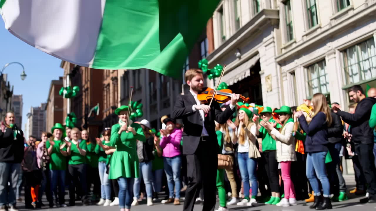 Vibrant St. Patrick's Day Parade Featuring a Live Violin Performance