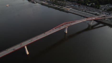 high altitude aerial view from the new kladka na wisle bridge in sunset, warsaw, poland