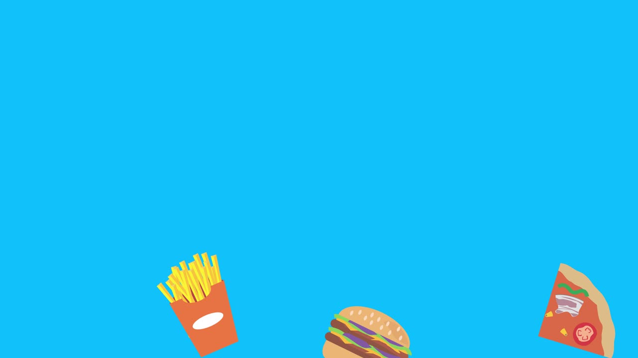 elementos de comida rápida animación en pantalla azul tecla de croma, diseño plano, fuente gráfica