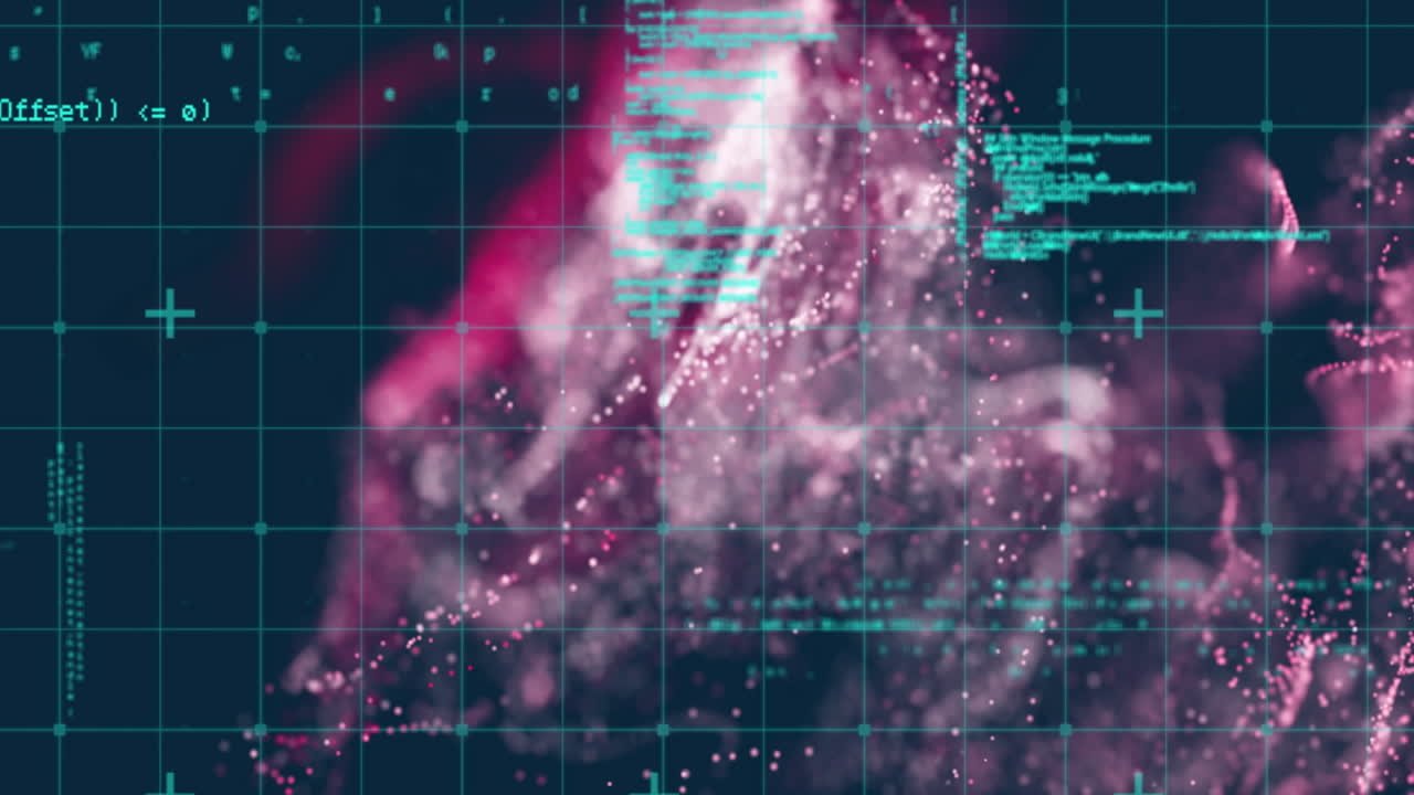 In school, animation of digital particles forming dynamic wave patterns in colors