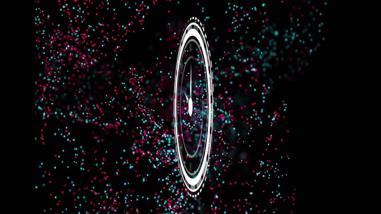 Fading rings spawning disc, clock face appearing, hands rotating, streams swirling marking time