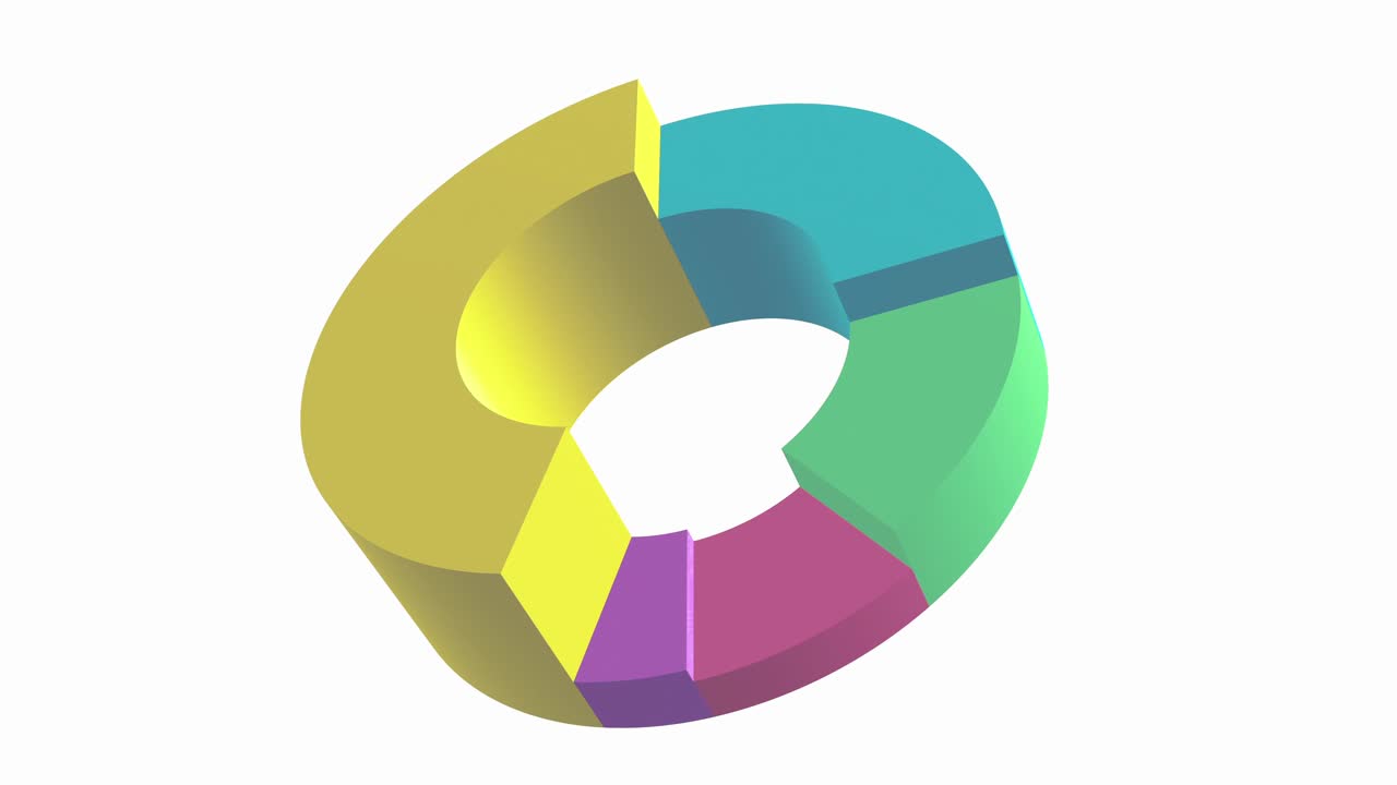 An animated 3D looping donut chart with independently expanding and contracting segments. Ideal for dynamic data visualization, business presentations, and infographics. Modern, clean, and vibrant