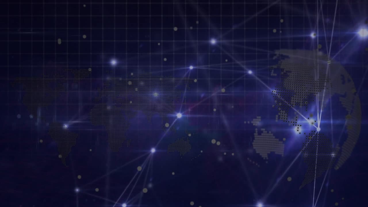 Animation of glowing network of connections and white spots over spinning globe and world map