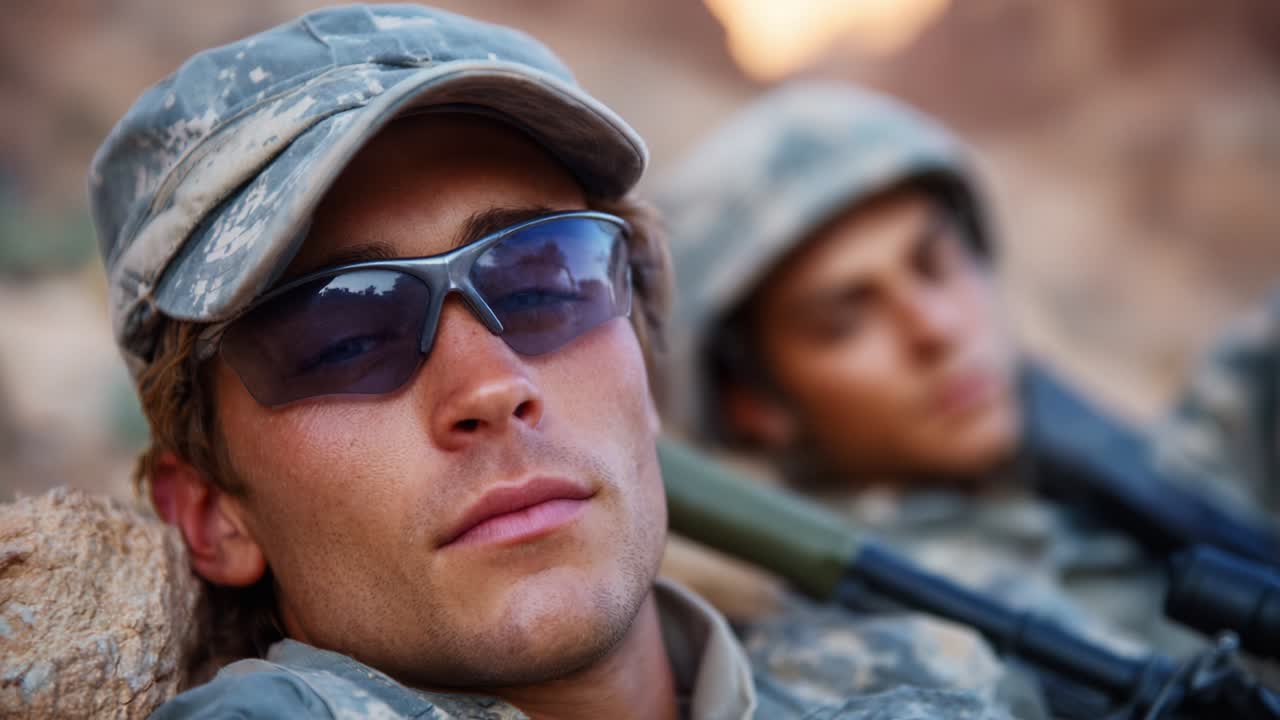Candid Portraits of Two Soldiers in Camouflage Gear Relaxing in Desert Environment, Exhibiting Comradeship and Resilience Amidst Military Life and Operations, with Focus on Facial Expressions and Attire