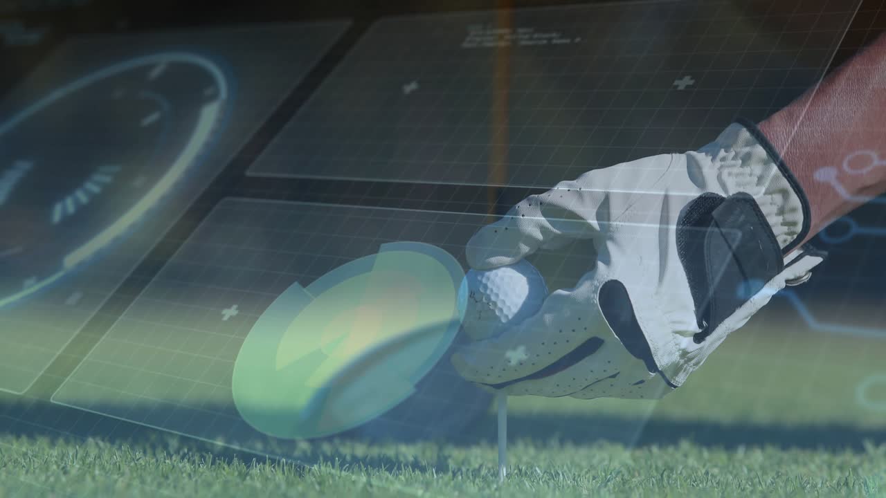 Entering right-side gloved hand placing golf ball on tee as AR club head rotating preparing shot