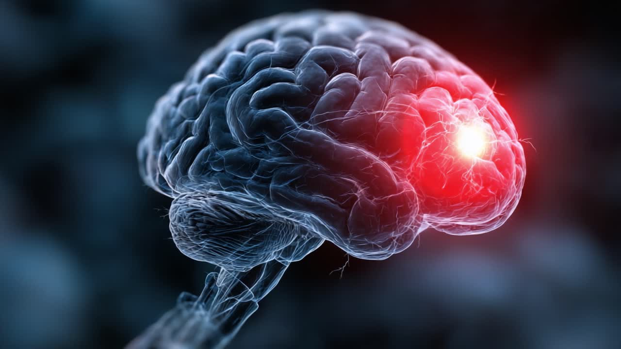 Utforskar neural aktivitet: En detaljerad vy av den mänskliga hjärnan som belyser gnistor av kognitiv bearbetning och synaptiska kopplingar.