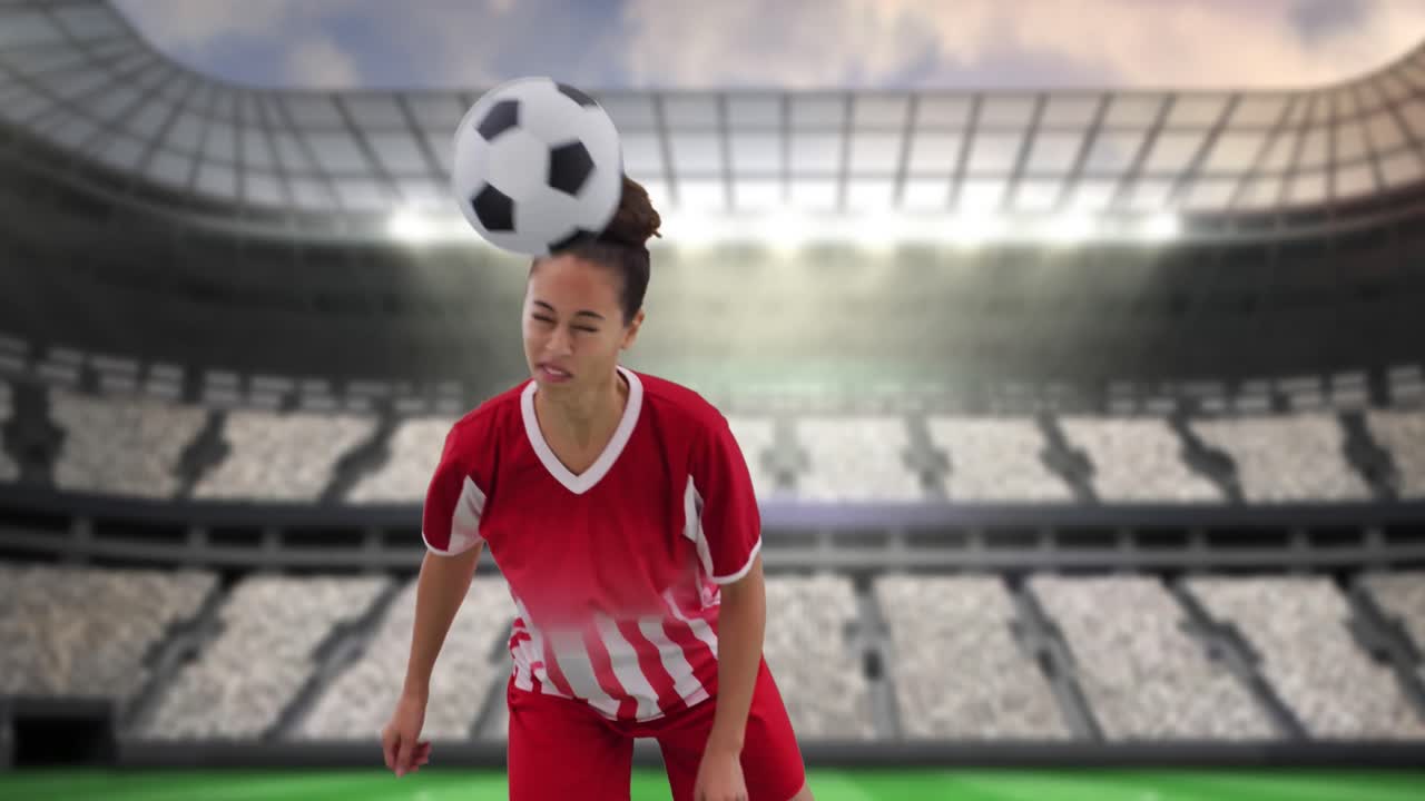 스타디움 위에서 두 인종의 여자 축구 선수의 애니메이션